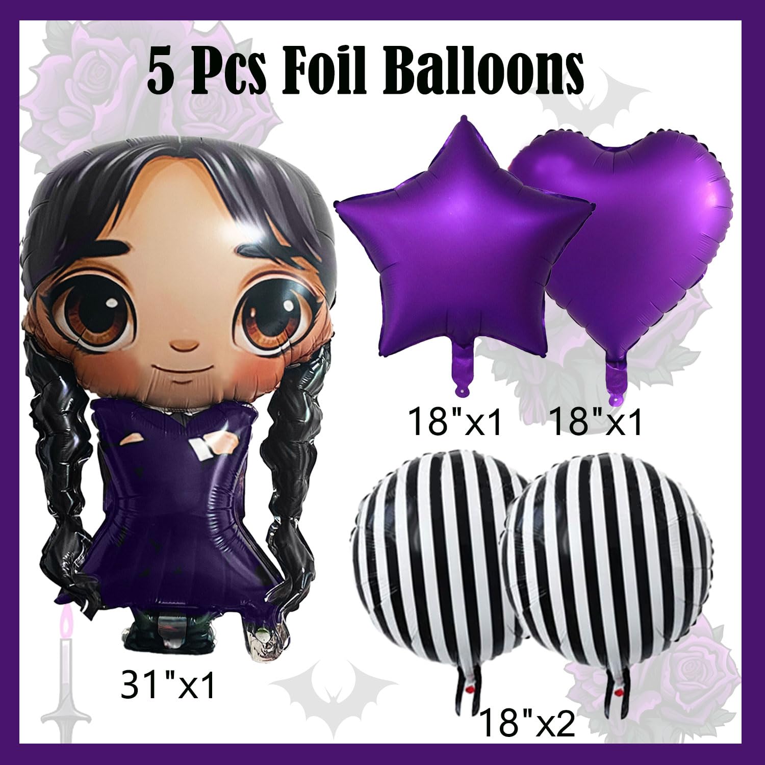 31" Gothic Cartoon Girl & Mixed Gothic Balloons Set: 5pcs Foil Balloons Black Striped, Star, and Heart Purple Balloons for Mysterious Character theme Party, Birthday, Halloween, and Costume Parties