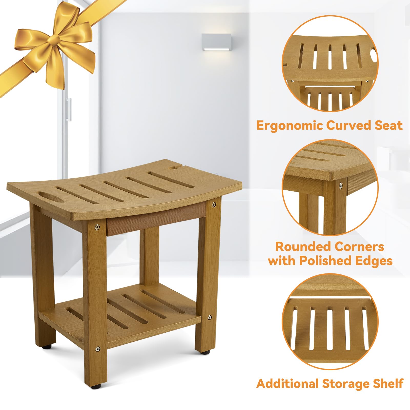 Marcytop Shower Bench with Storage Shelf, 18 1/2" D ×12" W HDPE Shower Stool for Inside Shower, Waterproof and Anti-Fade Shower Chair, Non-Slip Shower Seat with Handle for Bathroom, Bright Brown