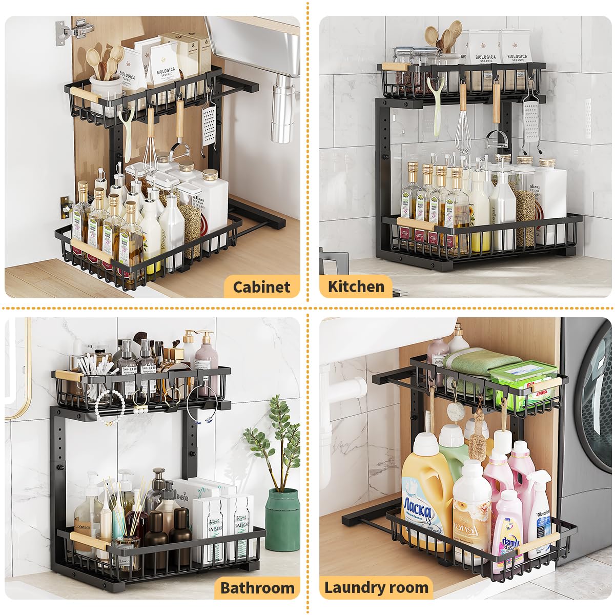 ZMJESSNIA Under Sink Organizer, 2 Tier Under Sink Organizers and Storage, Metal Slide out Pull out Cabinet Organizer,Sliding Drawer Organizer for Kitchen Bathroom Pantry Closet