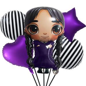 31" gothic cartoon girl & mixed gothic balloons set: 5pcs foil balloons black striped, star, and heart purple balloons for mysterious character theme party, birthday, halloween, and costume parties