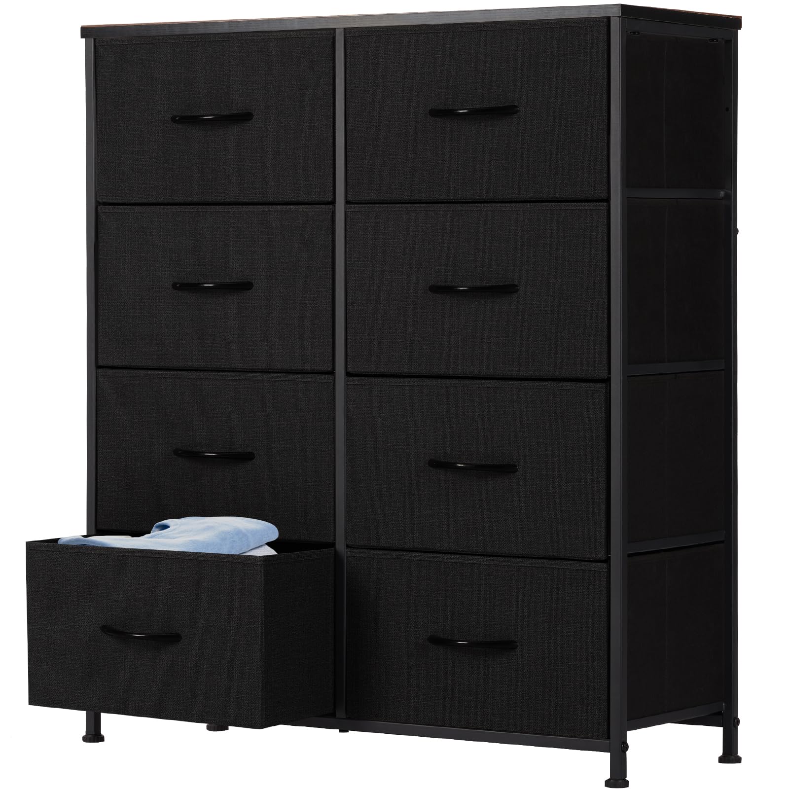 Dresser for Bedroom, Tall Storage Drawers, Fabric Storage Tower with 8 Drawers, Chest of Drawers with Fabric Bins, Sturdy Metal Frame, Wood Tabletop for Kids room, Closet, Entryway, Nursery, Black