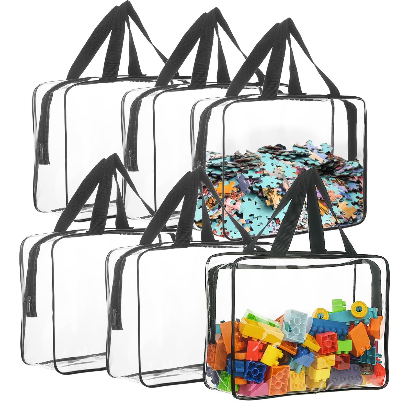 Acrebow 6 Packs Large Toy Storage Bags Clear PVC Organizing Bags With Zipper Travel Waterproof Organizer Bags For Board Games, Building Blocks, Puzzles, Toys, Kids Books