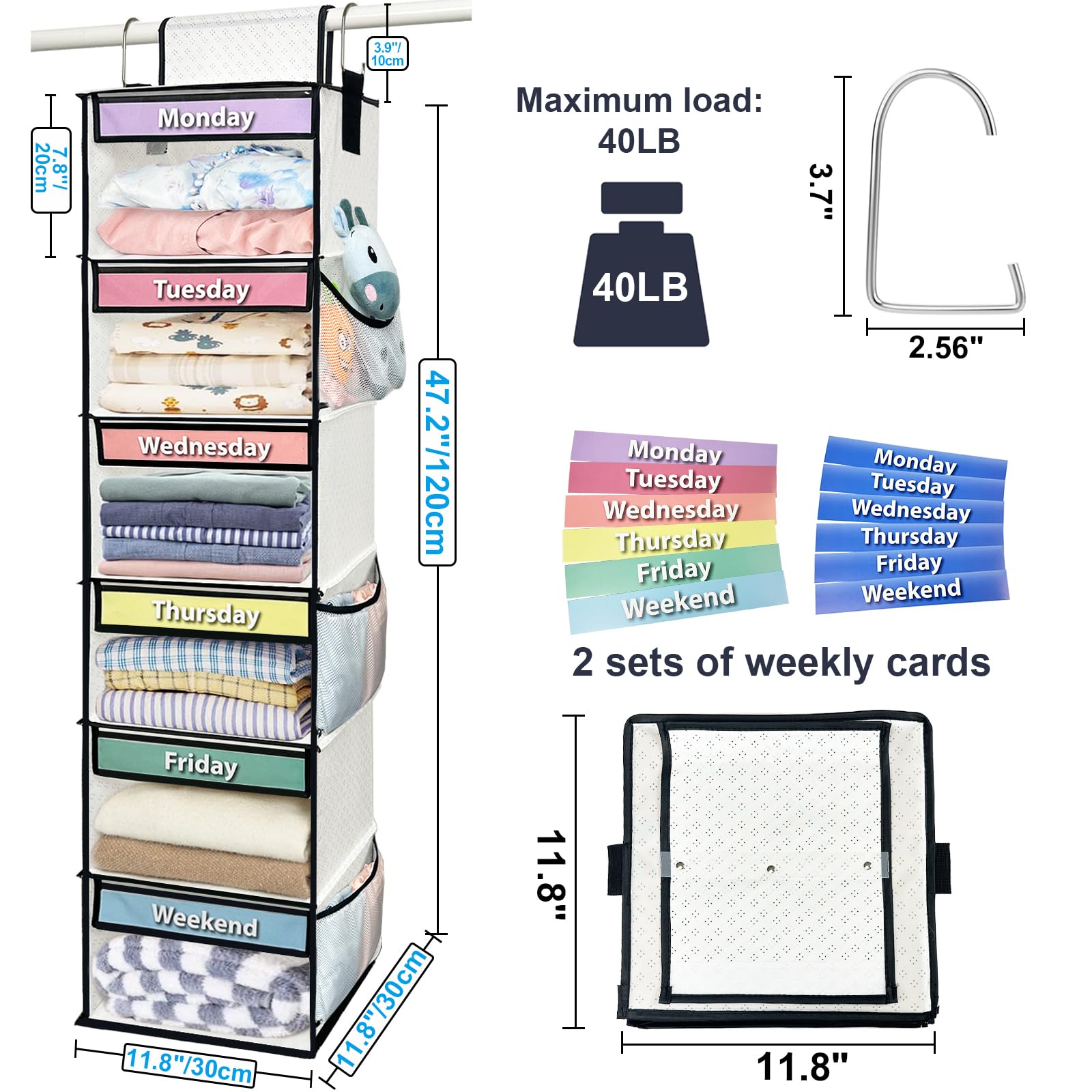 homyfort 6-Shelf Weekly Hanging Closet Clothes Organizer for Kids, Days of The Week Clothes Organizer for Closet, Sturdy Oxford Kids Closet Organizers and Storage (White)