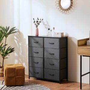 Dresser for Bedroom, Tall Storage Drawers, Fabric Storage Tower with 8 Drawers, Chest of Drawers with Fabric Bins, Sturdy Metal Frame, Wood Tabletop for Kids room, Closet, Entryway, Nursery, Grey