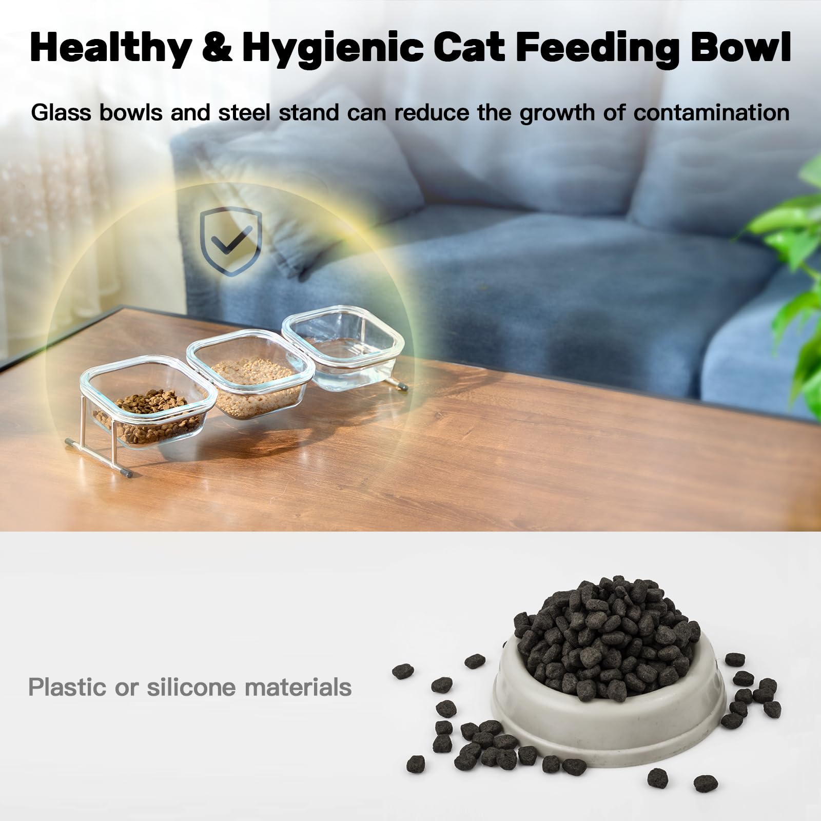 Hannadepot Elevated Cat Bowls, 15° Tilted Glass Raised Cat Food Bowl with Stainless Steel Stand, 3 Glass Cat Bowls and 4 Anti Slip Feet, Suitable for Cats and Little Dogs