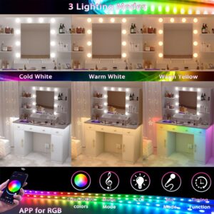 HUANLEGO Vanity Desk with Mirror and Lights, Makeup Vanity with Charging Station & Vanity Stool, 3 Drawers and Cabinets White Vanity Mirror with RGB LED Lights Vanity Desk and Chair for Women