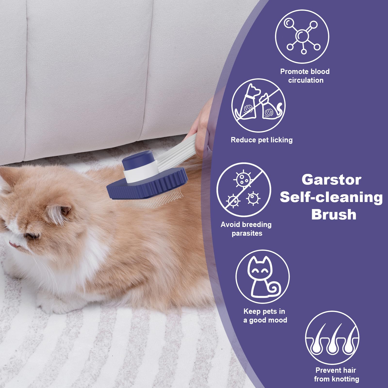 Garstor Cat brush, Cat Brush for Long or Short Haired Cats, Remove Loose Fur and Mats, Rounded Pins Reduces Painful Pulling, Not for Tangle and Curly Fur, Dark Blue