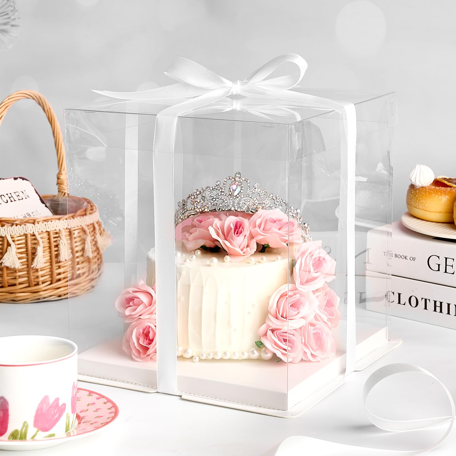 Ocmoiy 8 × 8 × 9 In. Clear Cake Box with Ribbon, 5 Pcs White Disposable Cake Carrier with lid for 2-Layer Cake Holder, Display and Gift Packaging