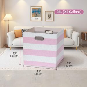 ORGMASTER 13x13x13 Storage Cube Bins, Foldable Storage Cubes Cubby Baskets Organizer Cloth Bins for Cube Storage Organizing Shelf Closet, Pack of 4, Pink/White Stripe