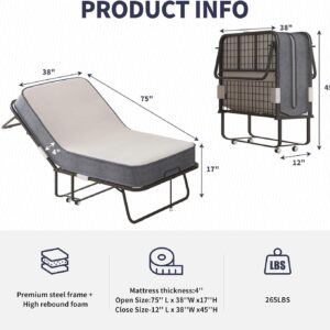 ijuicy Folding Bed with 4" Mattress, 75" x 38" Rollaway Bed with 4 Lockable Wheels & Strong Sturdy Frame, Portable Foldable Bed with Mattress for Adults, Guests