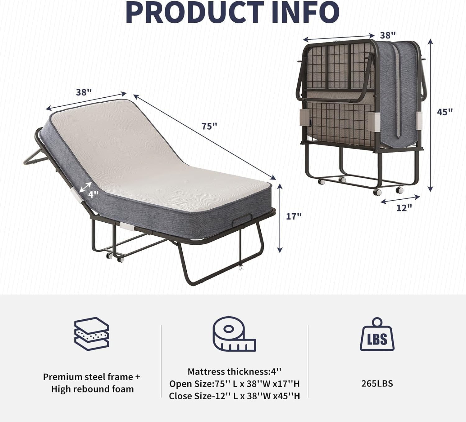 ijuicy Folding Bed with 4" Mattress, 75" x 38" Rollaway Bed with 4 Lockable Wheels & Strong Sturdy Frame, Portable Foldable Bed with Mattress for Adults, Guests