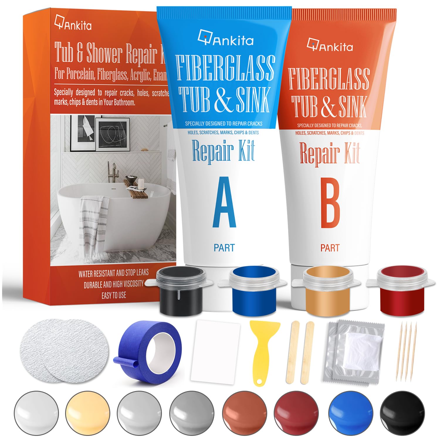 Fiberglass Tub Repair Kit(Color Match), Fiberglass Shower and Acrylic Bathtub Repair Kit for Scratches, Cracks, Chips, Holes on Porcelain, Enamel, Tub, Tile, Sink, Fix Chipped Almond Fiberglass Tub