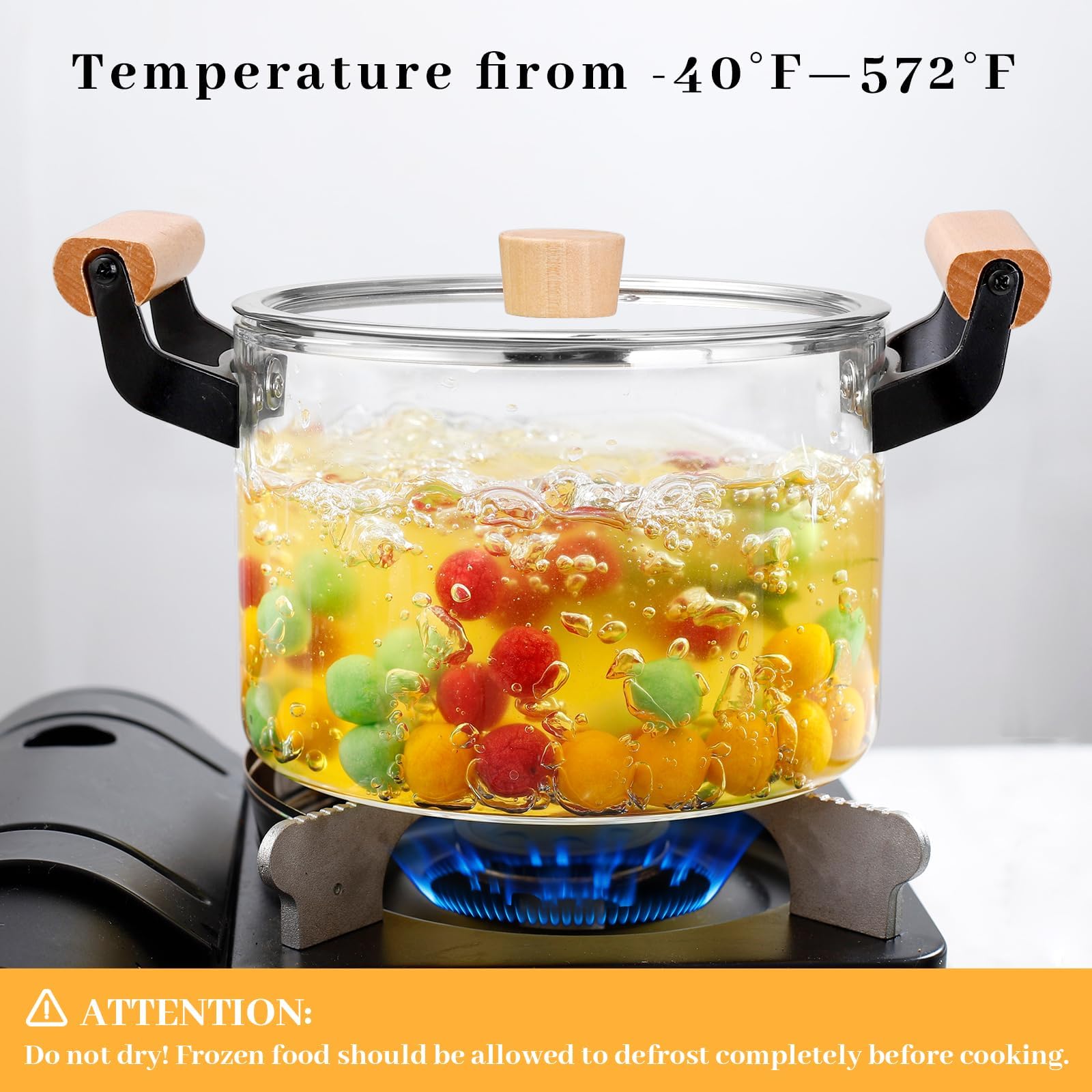 2.5L/3.5L/4.5L Clear Glass Pot for Cooking on Stove, Big Glass Cooking Pot with Wooden Handle, Large Glass Simmer Pot for Stove Potpourri, Glass Frying Pot with Clear Lid for Boiling Pot (3.5L)