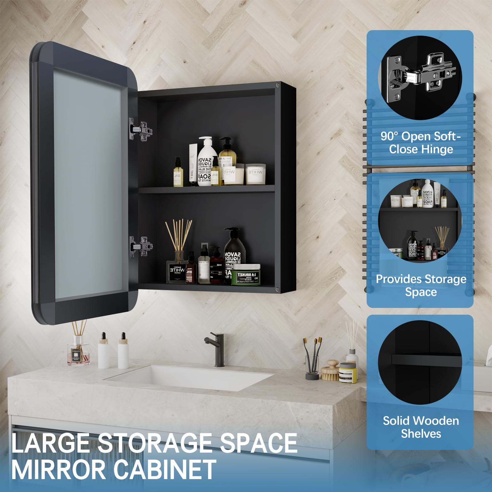 LALAHOO 24x16 Inch Bathroom Medicine Cabinet Black Aluminium Profiles Wall Mounted Bathroom Medicine Cabinet or Recessed Mirror Cabinet Rounded Rectangle Bathroom Medicine Cabinet