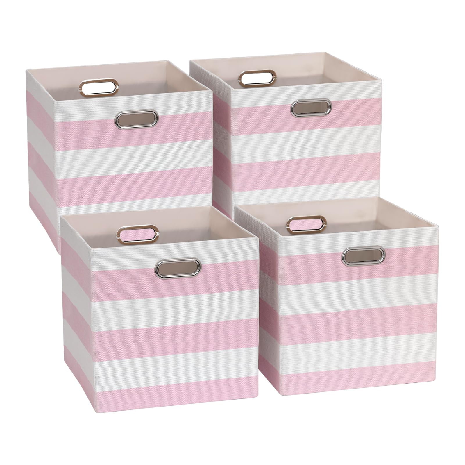 ORGMASTER 13x13x13 Storage Cube Bins, Foldable Storage Cubes Cubby Baskets Organizer Cloth Bins for Cube Storage Organizing Shelf Closet, Pack of 4, Pink/White Stripe