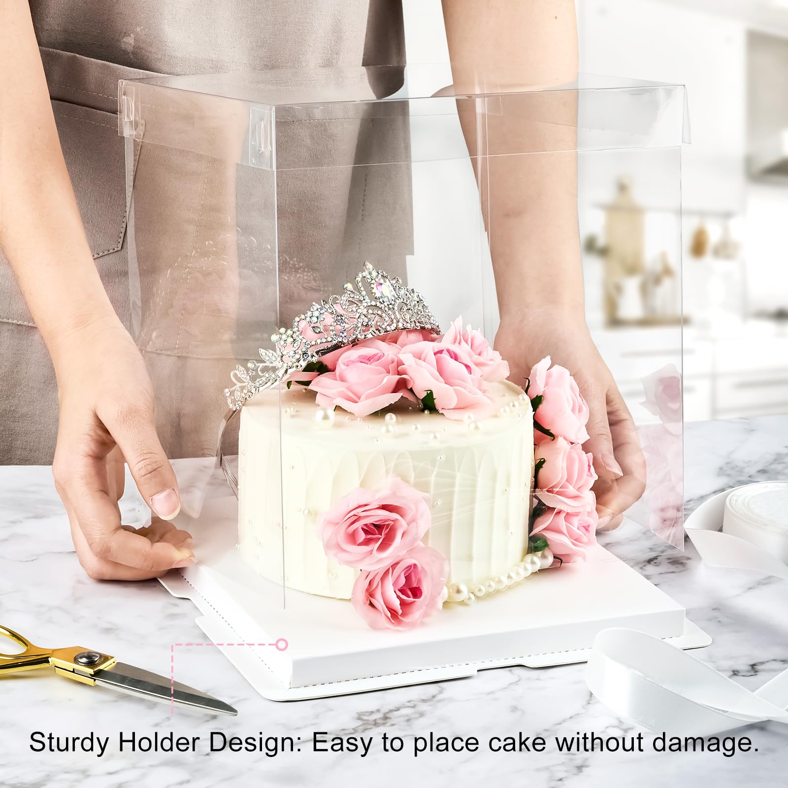 Ocmoiy 8 × 8 × 9 In. Clear Cake Box with Ribbon, 5 Pcs White Disposable Cake Carrier with lid for 2-Layer Cake Holder, Display and Gift Packaging