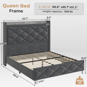 AOGLLATI Queen Bed Frame with Tall Storage Headboard, Bed Frame Queen Size with Charging Station,Upholstered Led Queen Size Bed Frame with Wooden Slats Support, No Box Spring Needed, Dark Gray