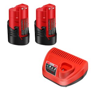 oyrmil 2 packs 3ah battery replaced for milwaukee m12 battery, compatible with all m12 cordless tools- supplied 48-11-2411 48-11-2420 48-11-2401 and 1*n12 battery charger