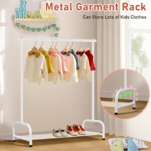 SLEEPING LAMB Kids Clothing Rack, Small Baby Clothes Rack with Bottom Storage Shelf, Kids Dress Up Rack Storage for Coats, Dance Costume Garment Rack for Hanging Clothes, White