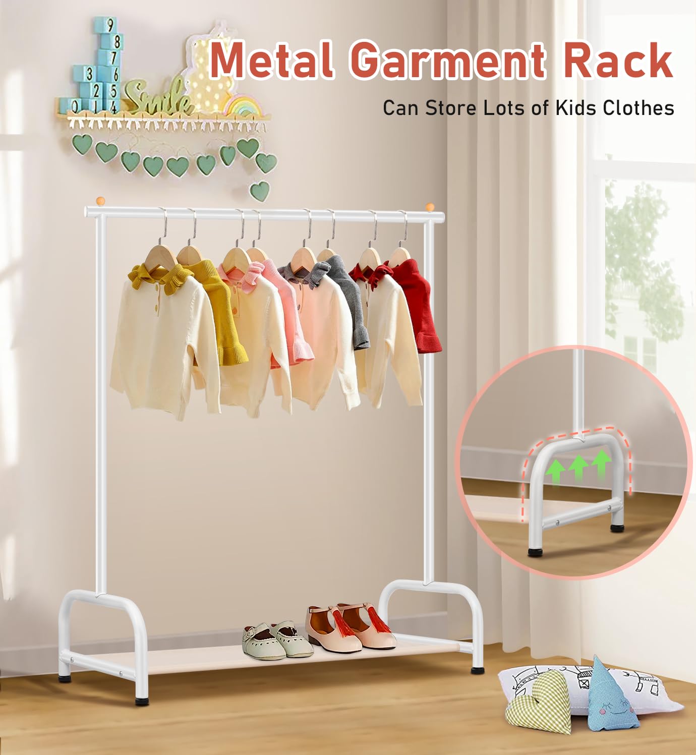 SLEEPING LAMB Kids Clothing Rack, Small Baby Clothes Rack with Bottom Storage Shelf, Kids Dress Up Rack Storage for Coats, Dance Costume Garment Rack for Hanging Clothes, White