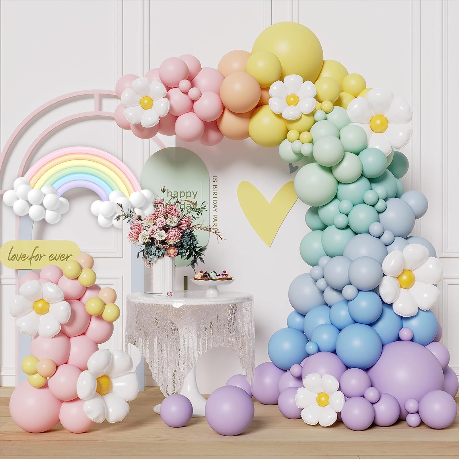 Pastel Balloon Arch Kit Pastel Party Decorations With Daisy Balloons,Pastel Balloons And Pastel Long Balloons Rainbow Balloons Arch Kit Baby Shower Balloon Arch For Birthday Gender Reveal Decoration