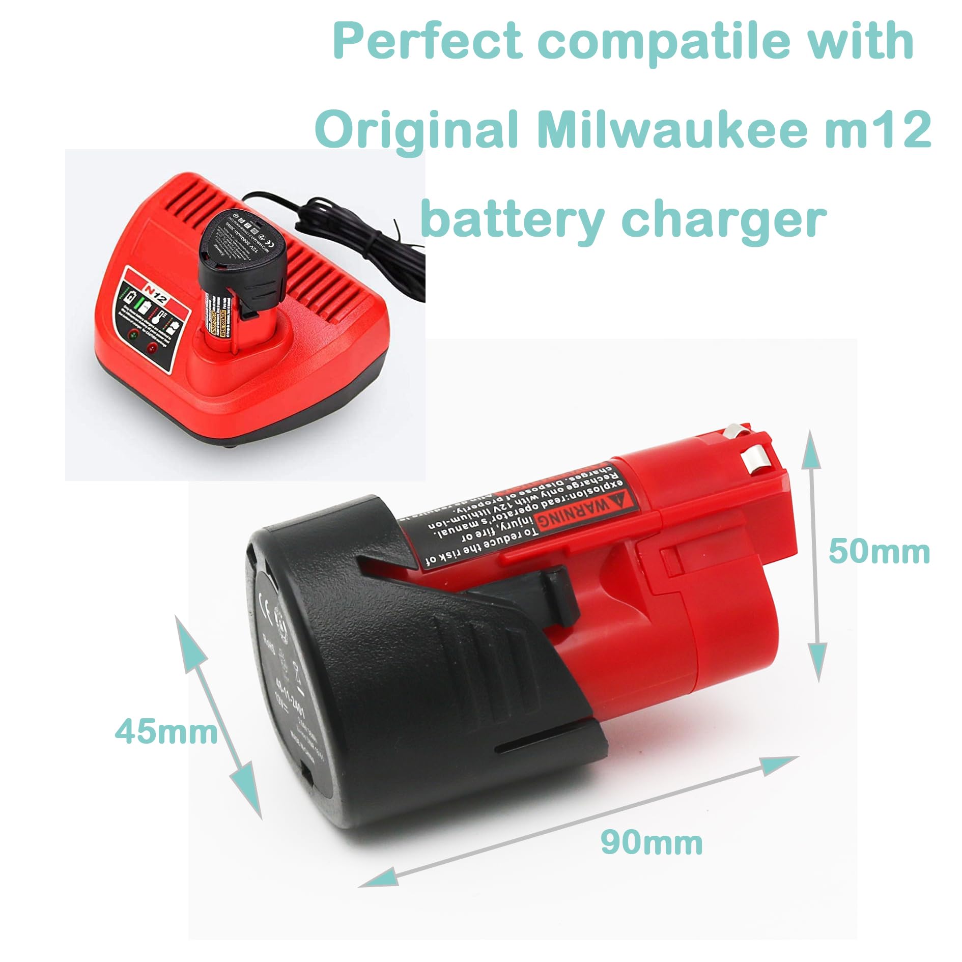 OYRMIL 2 Packs 3Ah Battery Replaced for Milwaukee M12 Battery, Compatible with All M12 Cordless Tools- Supplied 48-11-2411 48-11-2420 48-11-2401 and 1*N12 Battery Charger