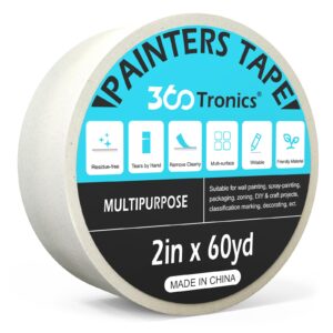 360tronics white painters tape multi-surface tape, 2 in x 60 yards painter's tape white for wall painting, labeling, diy projects, protects surfaces and removes easily, 1 roll