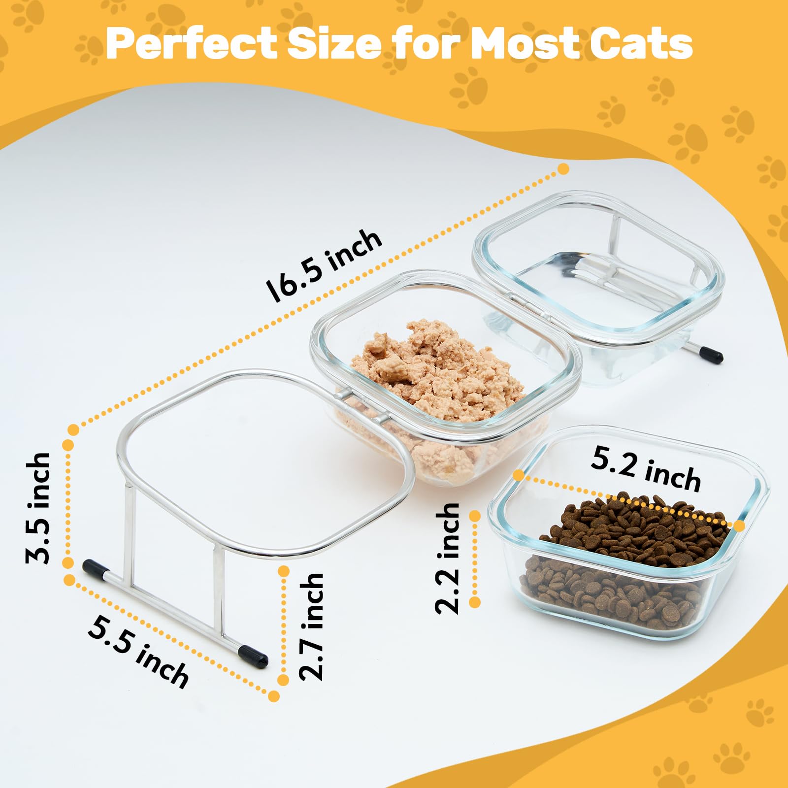 Hannadepot Elevated Cat Bowls, 15° Tilted Glass Raised Cat Food Bowl with Stainless Steel Stand, 3 Glass Cat Bowls and 4 Anti Slip Feet, Suitable for Cats and Little Dogs