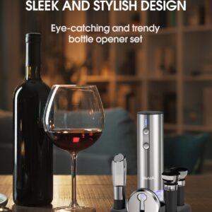 Electric Wine Opener Set with Stand, Wine Gift Set with Rechargeable Wine Opener, Wine Aerator, Vacuum Stoppers and Foil Cutter, 6-in-1 Wine Bottle Opener Set for Home Party Bar Outdoor Gift