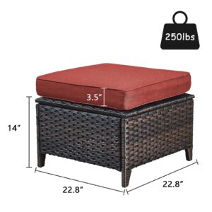 Rilyson Outdoor Ottoman Wicker Patio Ottomans - 2 Piece Footrest Footstools Set Rattan Outdoor Ottomans for Patio with Thick Cushions(Brown/Red)