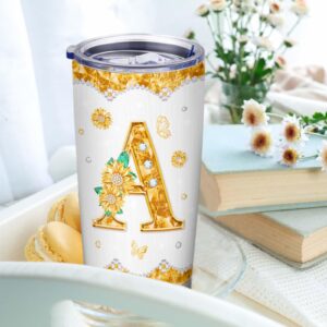 Initial A Tumbler Mug Gifts,Monogrammed Sunflower Gifts for Women,Personalized Gifts,Personalized Tumbler Cup for Wedding Birthday Graduation Party,Unique Initial Gifts for Women Her Mom Teacher 20oz