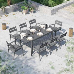 soleil jardin 9-piece outdoor patio dining set, 59" - 83" aluminum expandable outdoor dining table set for 8, 8 stackable chairs with gray removable cushions, dark-grey