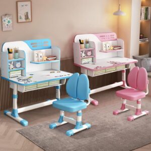 tulkdexi Kids Desk and Chair Set, Children School Study Table Chair Set, Ergonomic Desk Chair with Large Writing Board, Bookshelf and Drawer Pink, 3888199