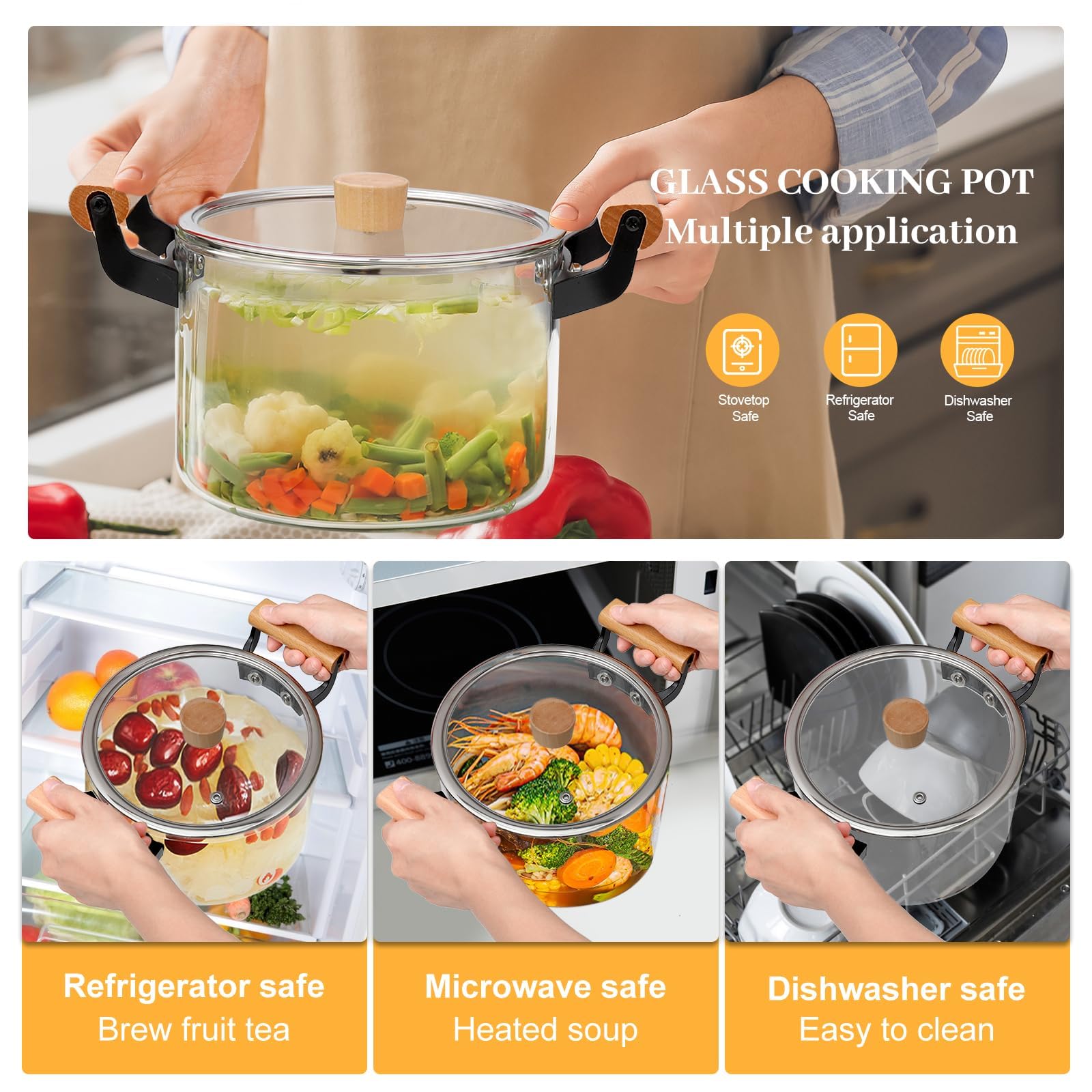 2.5L/3.5L/4.5L Clear Glass Pot for Cooking on Stove, Big Glass Cooking Pot with Wooden Handle, Large Glass Simmer Pot for Stove Potpourri, Glass Frying Pot with Clear Lid for Boiling Pot (3.5L)