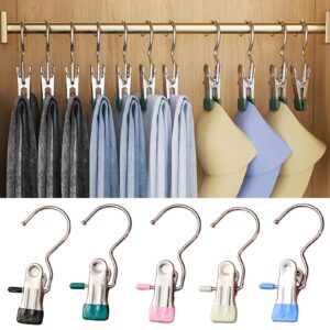 Worparsen Portable Clothes Hanger Rubber-Coated Clip Stainless Steel Multifunctional Drying Hook 5pcs Space-Saving Metal Clips for Traveling Outdoor Activities Black