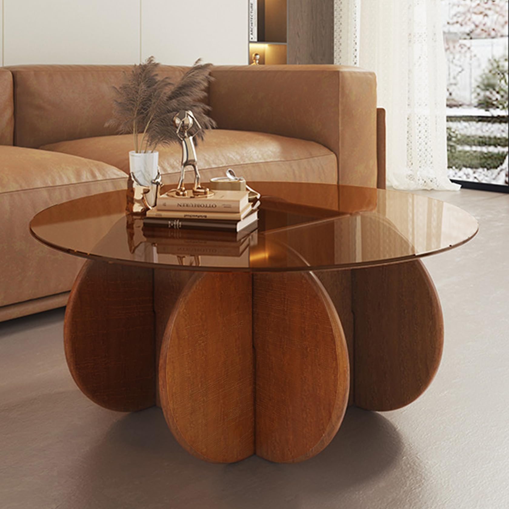 Modern Round Coffee Table with Solid Wood Legs, 31.5'' Glass Coffee Tables for Living Room Rustic Circle Center Cocktail Table with Tempered Glass-Top, Unique Accent Table for Small Spaces