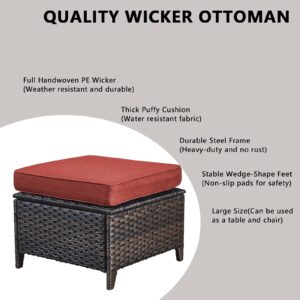 Rilyson Outdoor Ottoman Wicker Patio Ottomans - 2 Piece Footrest Footstools Set Rattan Outdoor Ottomans for Patio with Thick Cushions(Brown/Red)