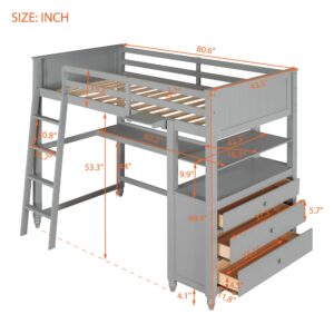 MERITLINE Twin Size Loft Bed with Desk and Dresser, Wooden Loft Bed with Storage Drawers and Shelves for Kids Teens Boys Girls,No Box Spring Needed,Grey