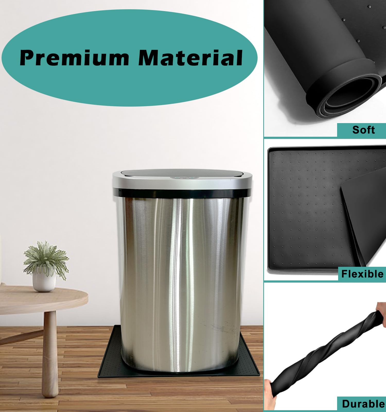 Luccov Trash Can Mat, Waterproof Raised Edge Silicone Under Garbage Can Mat, 11.8" X18.9" Non-Slip Trash Can Pad for Kitchen Office Bedroom Reduce Floor Carpet Wall Scratches, Black