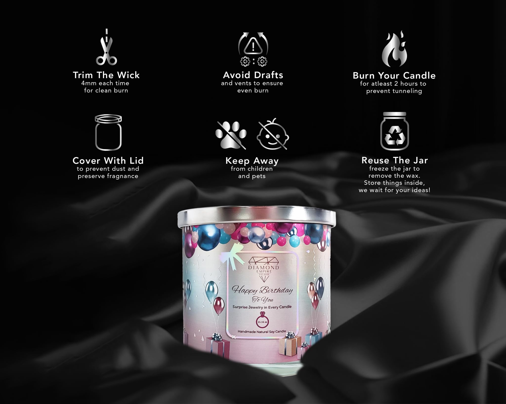 Diamond Empire Happy Birthday Candle with Surprise Jewelry Inside (Surprise Jewelry Valued up to $3,500) 2 Wick Candle (Burn up to 120 H) Ring Size 6