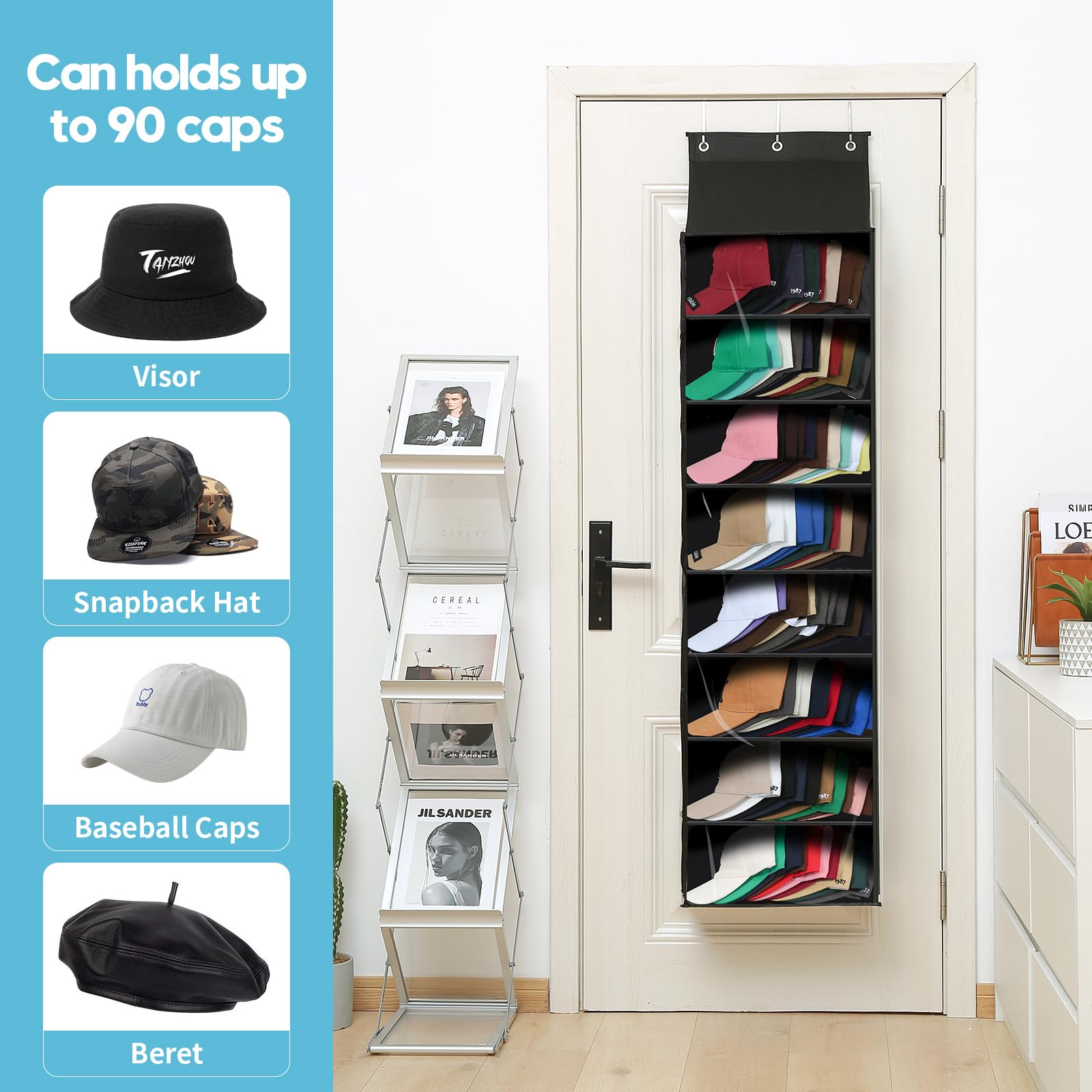 Remittur Dust-Proof Hat Racks for Baseball Caps, Over the Door Hat Storage Organizer for Closet Wall, 8 Tier Clear Hat Holder Holds Up to 90 Caps, Baseball Cap Organizer Holder with 3 Hooks-Black