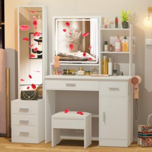 intergreat makeup vanity desk with lights and full-length mirror, white vanity table set with 3 lighting modes, dressing table with drawers, large vanity desk for women and girls' bedroom