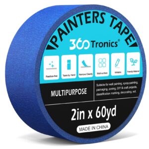 360tronics blue painters tape multi-surface 2 inch x 60 yards, professional painters choice masking tape, residue free paint tape rolls for protects surfaces, spray paint, 1-pack