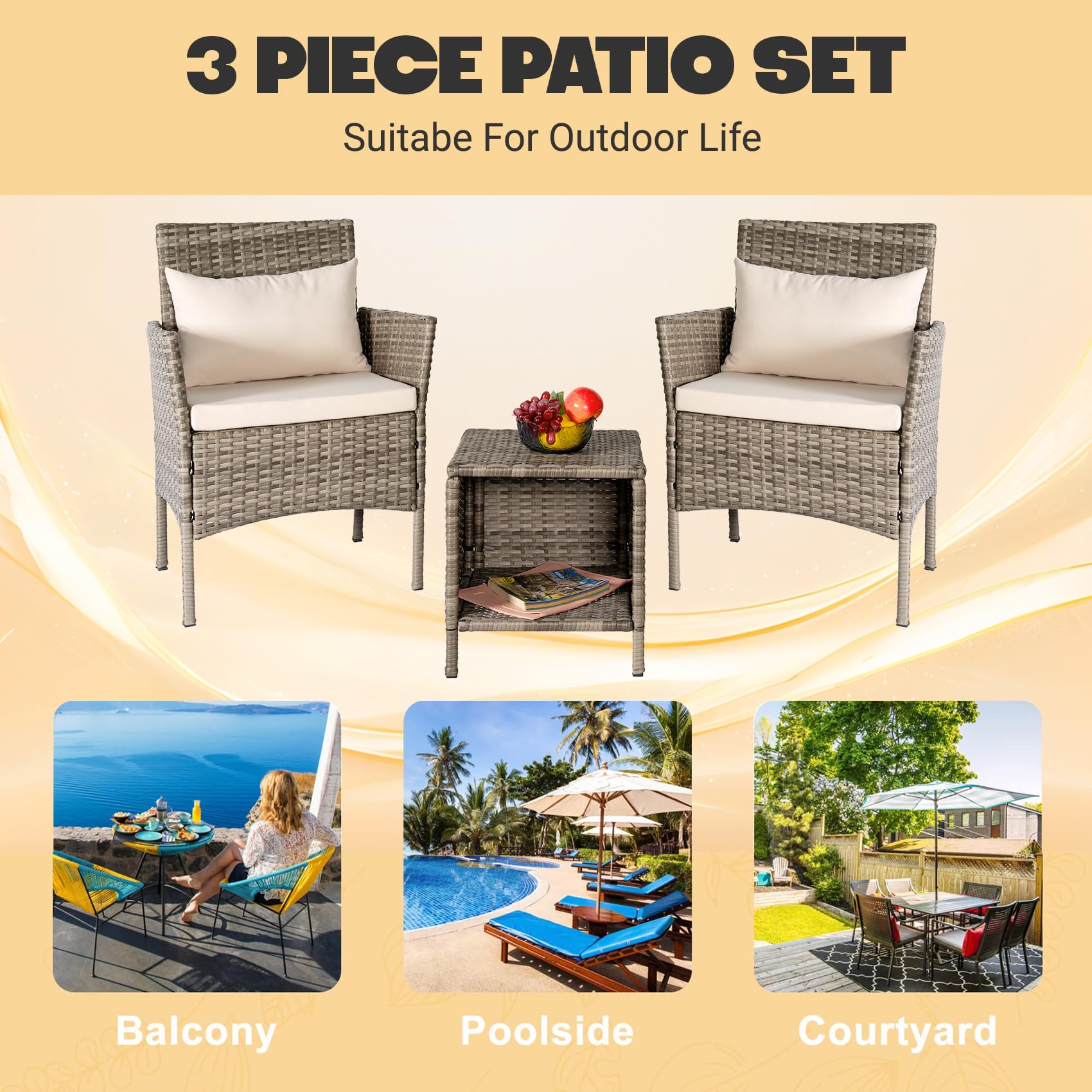 Tappio 3 Piece Patio Conversation Bistro Set, Porch Balcony Furniture Set Outdoor Chat Furniture, Wicker Chairs and Storable Table Set for Yard Balcony Backyard Apartment, Gray/Beige