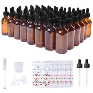 comrzor 48 pack 2oz amber glass bottles with glass eye droppers for essential oils, perfumes & lab chemicals (brush, funnels, 2 extra droppers, 54 pieces labels & 30ml measuring cup included)