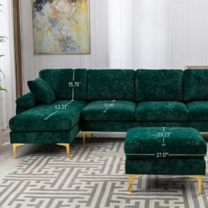 OUYESSIR U-Shaped Sectional Sofa Couch, 4 Seat Sofa Set for Living Room, Convertible L-Shaped Velvet Couch Set with Chaise Lounge, Ottoman and Pillows,114 inches (Emerald Green)