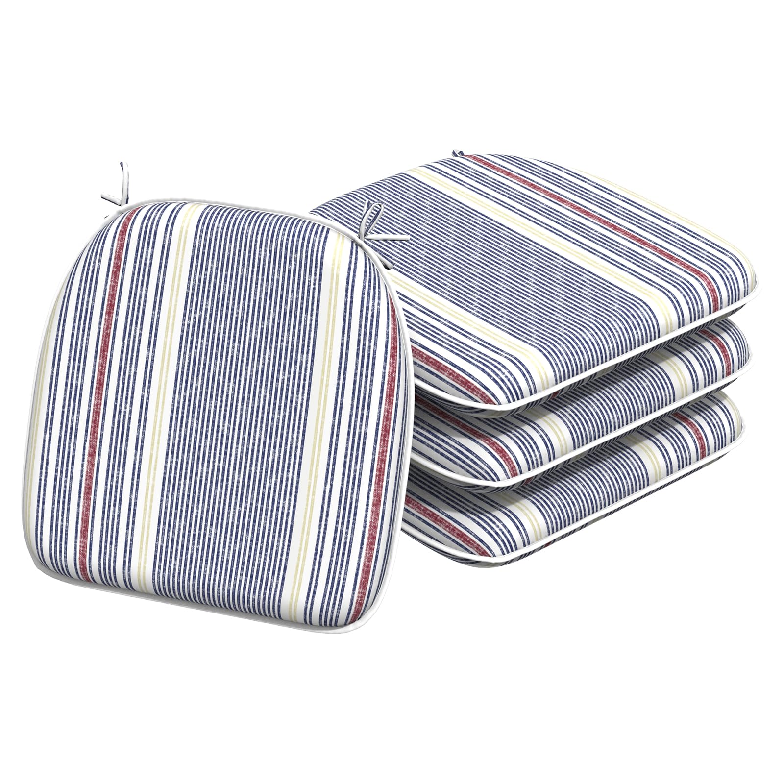 TWLEAR Indoor/Outdoor Chair Cushions 16x17 Inch, Patio Chair Cushions with Ties, All Weather Seat Cushions for Patio Furniture Home Garden Chair Use, Set of 4, Stripe Denim Blue