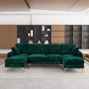 OUYESSIR U-Shaped Sectional Sofa Couch, 4 Seat Sofa Set for Living Room, Convertible L-Shaped Velvet Couch Set with Chaise Lounge, Ottoman and Pillows,114 inches (Emerald Green)