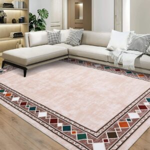 gaomon 8x10 area rug modern bordered machine washable area rug for living room bedroom geometric border non-slip stain resistant accent rug carpet for home decor floor decoration, beige