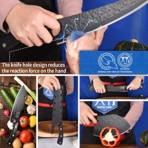 XYJ Professional Black Kitchen Knife Set with High-Carbon Steel Forged Blades, Chef's Knife, Cleaver, Carving Knife, Nakiri, Full Tang Design, Includes Carrying Bag & Poultry Scissors,Christmas Gifts